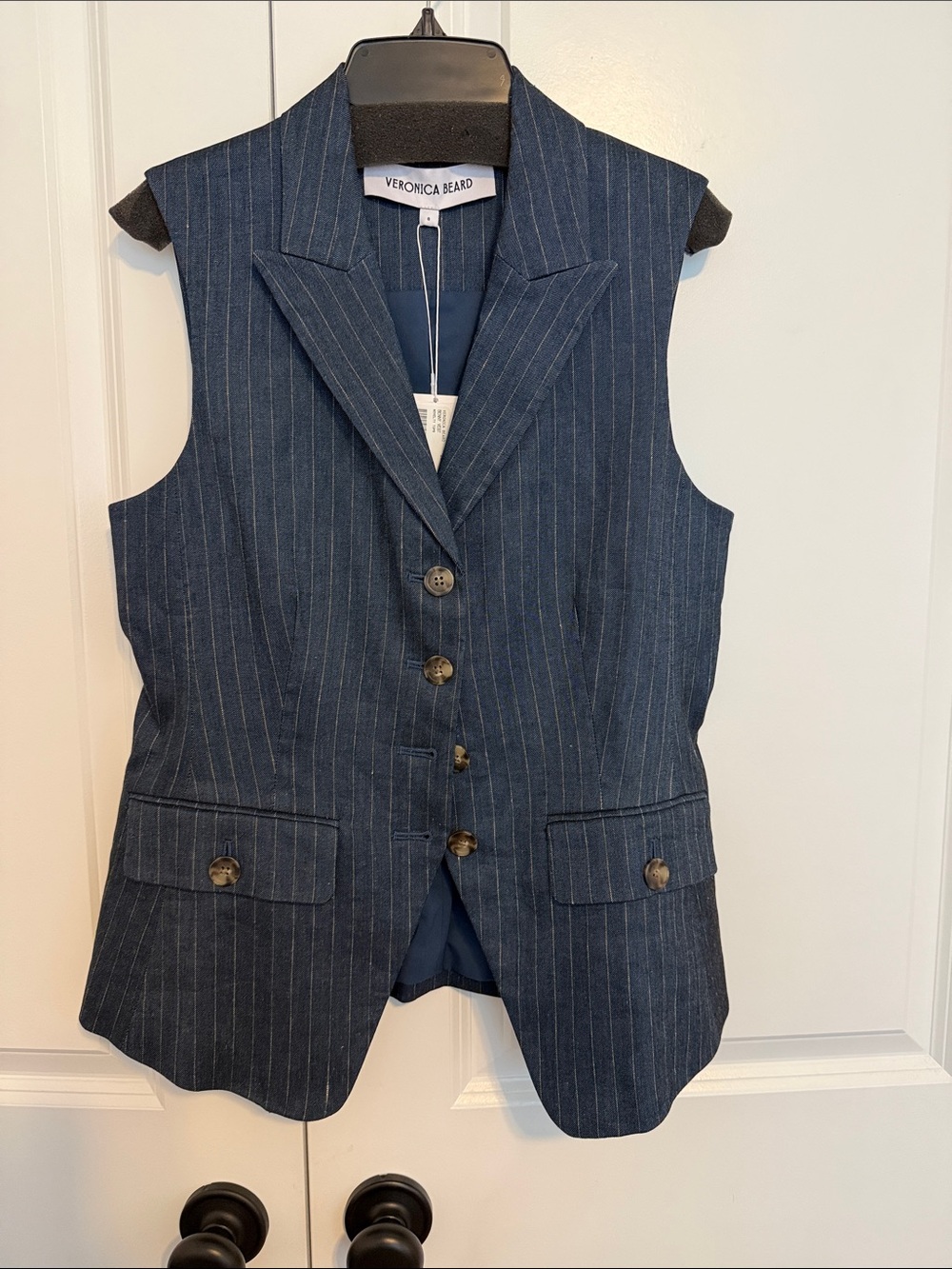 Veronica Beard Navy Pinstripe Tailored Sleeveless Blazer Vest
